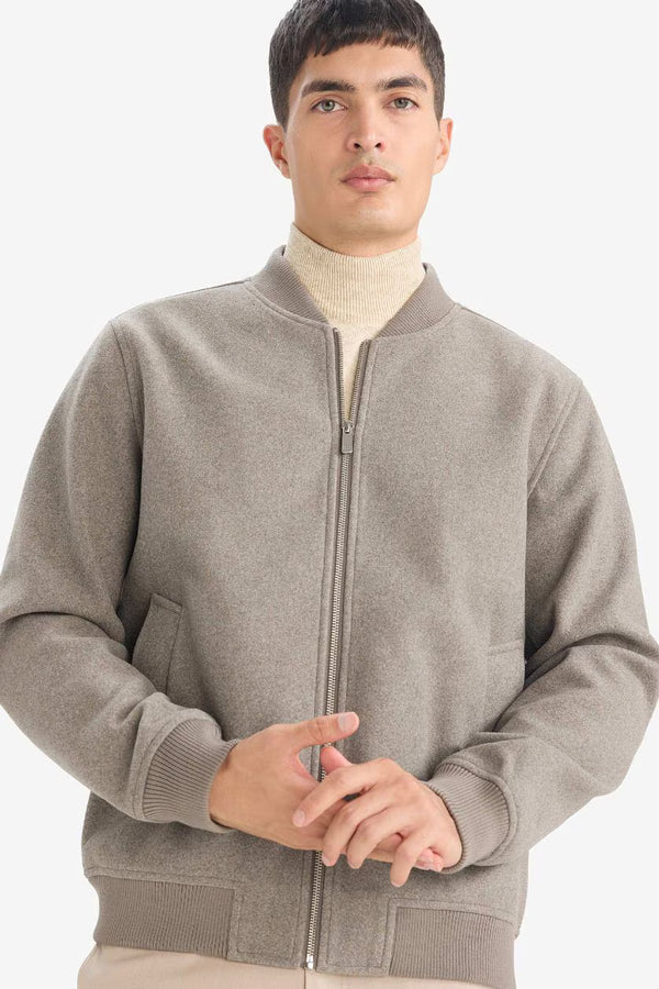 Soft-Touch Wool-Blend Bomber in Warm Taupe