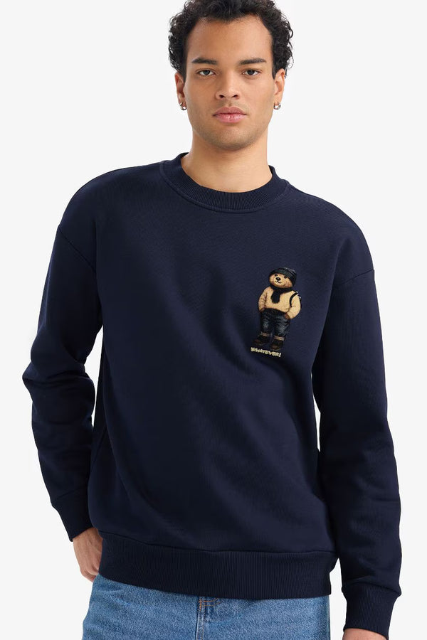 "Whatever" Bear Embroidered Sweatshirt in Deep Navy